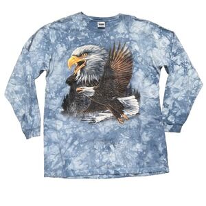 Perrin Bald Eagle Tie Dye Long Sleeve T Shirt SIze Large Blue White Vintage